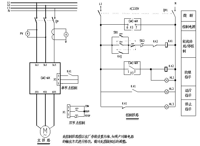CMC-MX內(nèi)置旁路軟起動(dòng)器基本接線原理圖、三角形內(nèi)接連接圖和典型應(yīng)用接線圖(圖3)